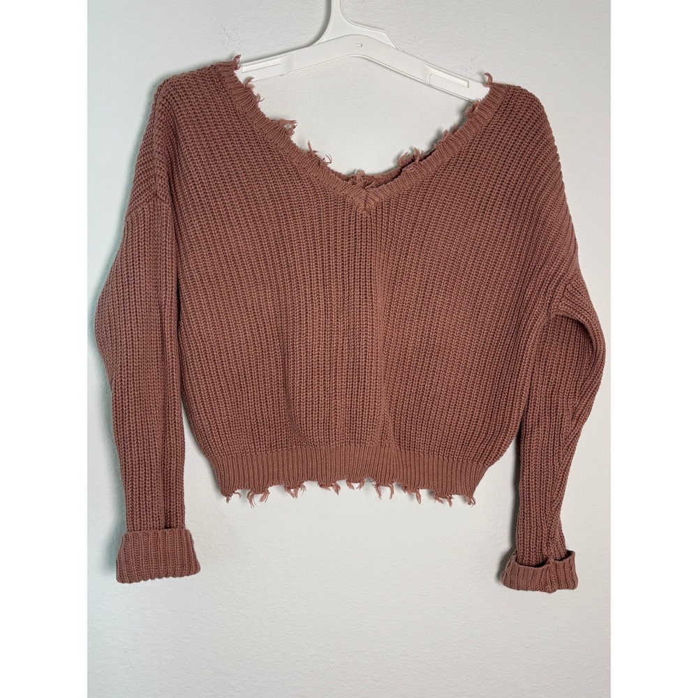 Moon & Madison Mauve Distressed V-Neck Cropped‎ Shaker Knit Sweater XS